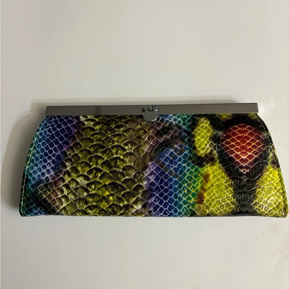 Multicolor Snakeskin Clutch with Metal Push Through Fold Over Clasp